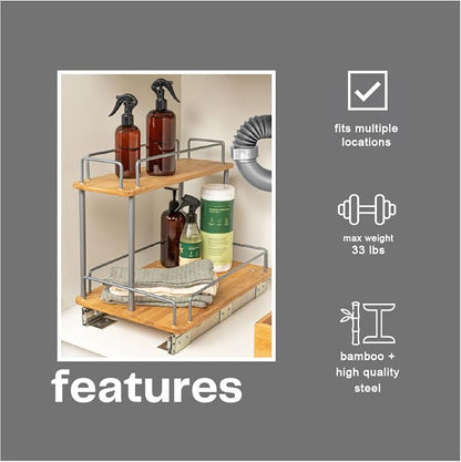 Household Essentials Bamboo and Silver Iron Two-Tier Slide-Out Organizer
