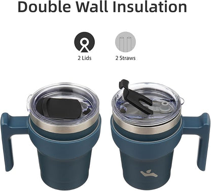 Konokyo 10 oz Tumbler with Handle and 2 Straw 2 Lid, Insulated Water Bottle Stainless Steel Vacuum Cup Reusable Travel Mug, Navy Blue