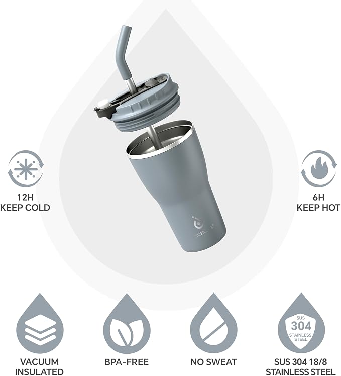 IDEUS Insulated Tumbler with Lid and Straw 14 oz, Stainless Steel Double-Wall Vacuum Leak-Proof Travel Coffee Mug, Cup Holder Friendly, Ultimate Gray