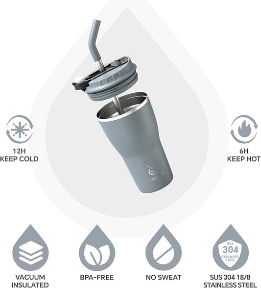 IDEUS Insulated Tumbler with Lid and Straw 14 oz, Stainless Steel Double-Wall Vacuum Leak-Proof Travel Coffee Mug, Cup Holder Friendly, Ultimate Gray
