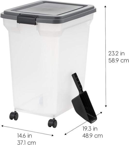 IRIS USA Dog Food Storage Container 58 lbs, Attachable Wheels, & Included Scoop, for Dog Cat Birds and other Pets, Food Storage Bin, Keep Fresh, Easy Mobility, BPA Free - Made in the USA, Dark Gray