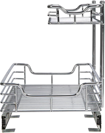 Household Essentials Glidez 2‑Tier Large Multipurpose Chrome‑Plated Steel Pull‑Out/Slide‑Out Under Sink Organizer, Chrome Finish