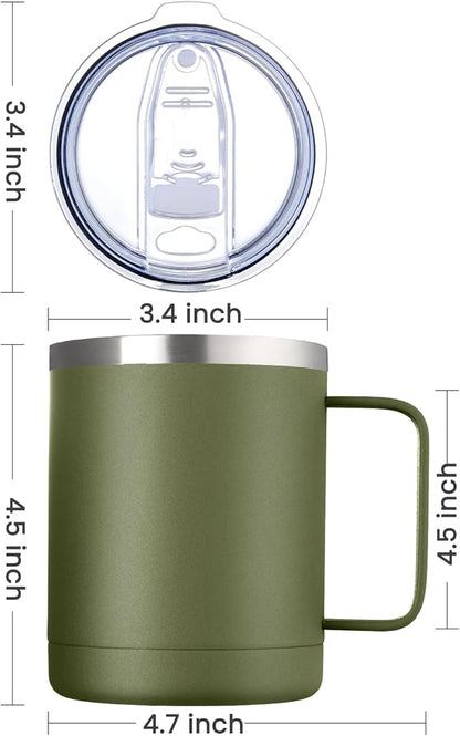 MEWAY 12oz Coffee Mug With Handle 8 Pack Bulk,Stainless Steel Insulated Travel Tumblers With Sliding Lid,Double Wall Vacuum Camping Cup for Hot & Cold Drinks Tea (Army Green,Set of 8)