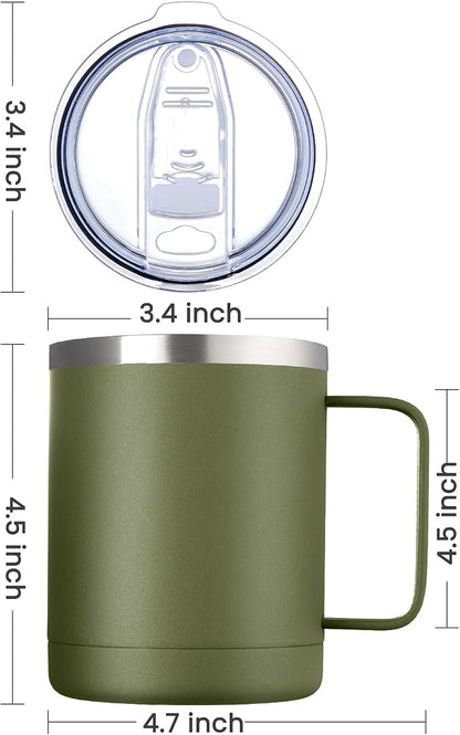 MEWAY 12oz Coffee Mug With Handle 4 Pack Bulk,Stainless Steel Insulated Travel Tumblers With Sliding Lid,Double Wall Vacuum Camping Cup for Hot & Cold Drinks Tea (Army Green,Set of 4)