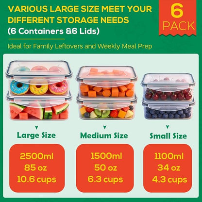 6 Pack Large Food Storage Containers with Lids (85oz/50oz/34oz) –BPA-Free Reusable Thicker Plastic Freezer Safe Storage Containers, Airtight & Leakproof Kitchen Meal Prep Containers for Food