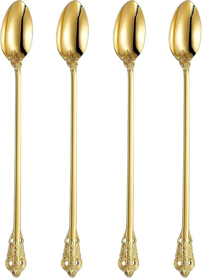 KEAWELL Luxurious 9 Inch Long Iced Tea Spoon Set - 4 Pieces - Gorgeous Design with Exceptional Mirror Polished Finish - 18/10 Stainless Steel- Perfect for Tall Glasses, Cocktails (Gold)