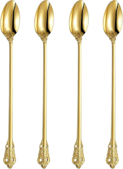 KEAWELL Luxurious 9 Inch Long Iced Tea Spoon Set - 4 Pieces - Gorgeous Design with Exceptional Mirror Polished Finish - 18/10 Stainless Steel- Perfect for Tall Glasses, Cocktails (Gold)