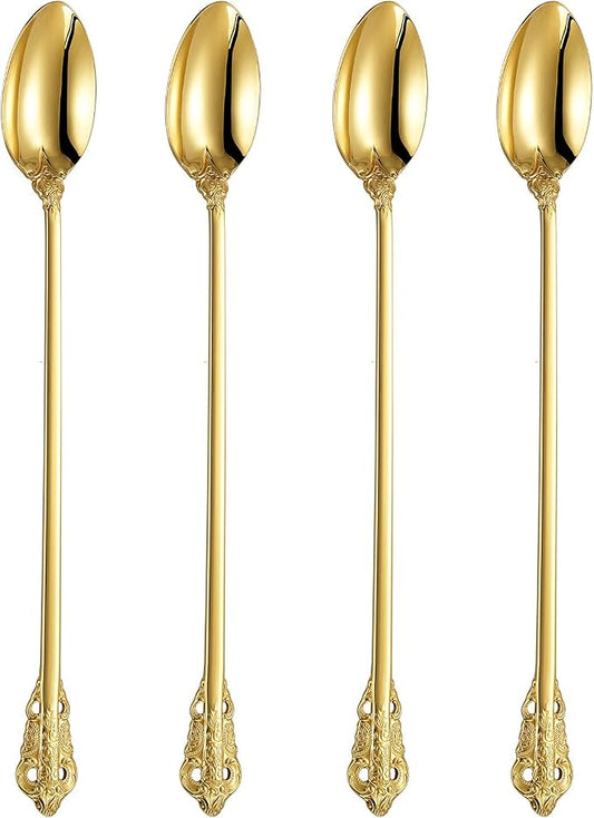 KEAWELL Luxurious 9 Inch Long Iced Tea Spoon Set - 4 Pieces - Gorgeous Design with Exceptional Mirror Polished Finish - 18/10 Stainless Steel- Perfect for Tall Glasses, Cocktails (Gold)