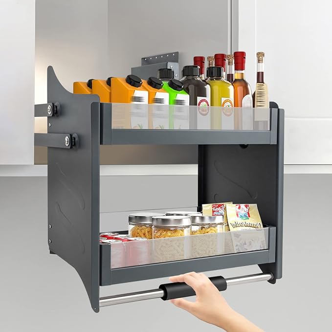 Pull Down Cabinet Organizer, 2-Tier Pull Down Shelf Wall Mount Cabinet with Pneumatic Damper System and 3-Gear Adjustable Bearing, Space-Saving Cabinet Organizer for Cabinet Inner Width≥23.6In