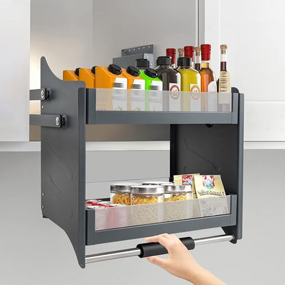 Pull Down Cabinet Organizer, 2-Tier Pull Down Shelf Wall Mount Cabinet with Pneumatic Damper System and 3-Gear Adjustable Bearing, Space-Saving Cabinet Organizer for Cabinet Inner Width≥23.6In