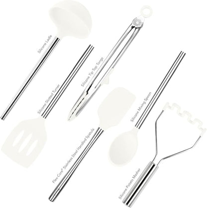 Tovolo Silicone Cooking Utensil Set of 6 Stainless Steel Handle Ladle Slotted Turner Tongs Flex Core Spatula Scraper Mixing Spoon & Potato Masher, Dishwasher Safe BPA Free Utensils, White