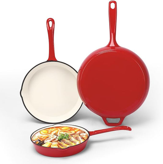 Nonstick Enameled Cast Iron Cookware - 3 Frying Pan Set 8-Inch, 9.5-Inch Frying Pan, Healthy Non Toxic Cooking, PFOA PFAS PTFE Free, Compatible with All Stovetops, Red