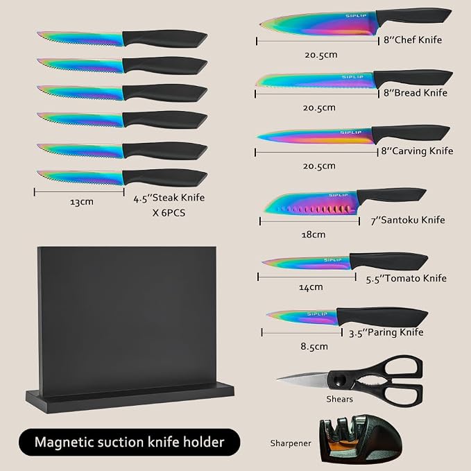 15-Piece High Carbon Stainless Steel Kitchen Knife Set with Magnetic Holder - Includes Chef's, Bread, Serrated Steak Knives and Sharpener