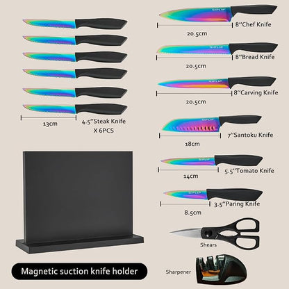 15-Piece High Carbon Stainless Steel Kitchen Knife Set with Magnetic Holder - Includes Chef's, Bread, Serrated Steak Knives and Sharpener
