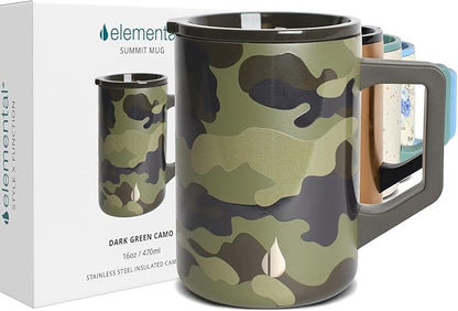 Elemental Insulated Coffee Mug - Triple-Wall Stainless Steel Summit Travel Cup for Hot and Cold Drinks - Thermal Coffee Mug with Lid and Handle for Camping, Office & Travel 16oz - Dark Green Camo