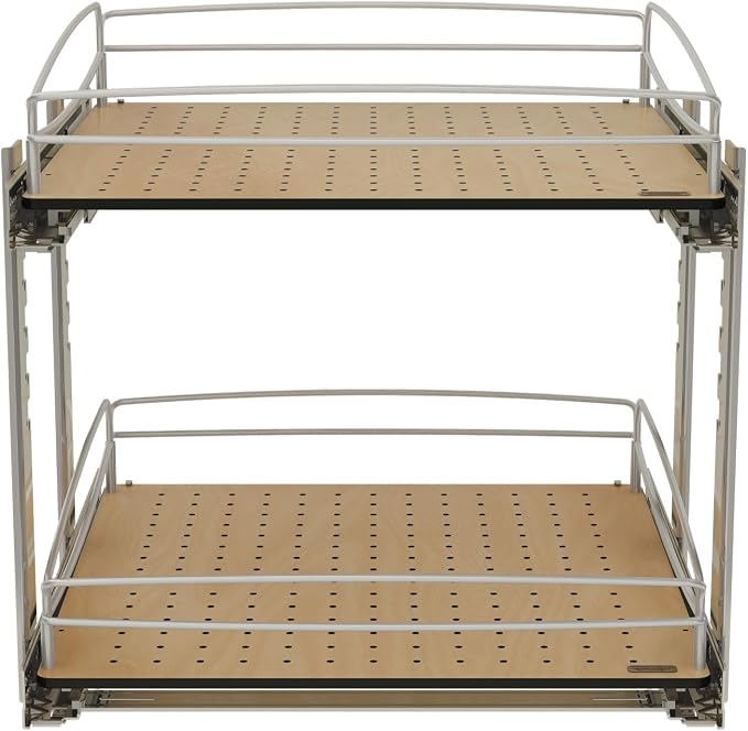 Rev-A-Shelf 2 Tier Pull Out Kitchen Cabinet Storage Organizer with Solid Bottom & Undermount Soft-Close Full Extension Slides, Min Opening Width of 20", 54BK-21SC-2-1