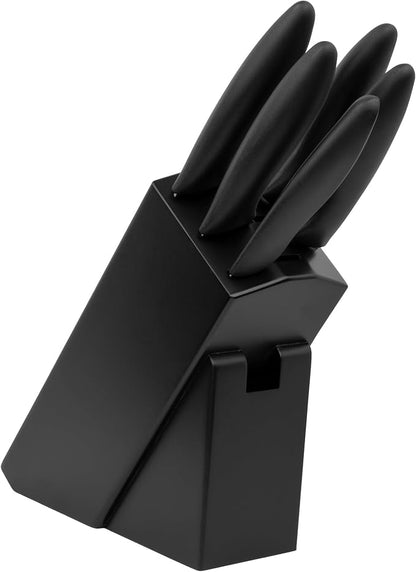 Kershaw 6-Piece Kitchen Block Set, with 5 Knives and Wooden Block, Stainless Steel, Satin Finish, Black Polypropylene Handle, Includes Chef’s, Bread, Santoku, Utility and Paring Knife