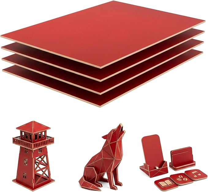 4 Pack Double-Sided Pre-Painted Colored Plywood Sheets, 11.7"x8.27"x1/8" (3mm) Laser-Friendly Craft Boards for Cutting & Engraving (Red)