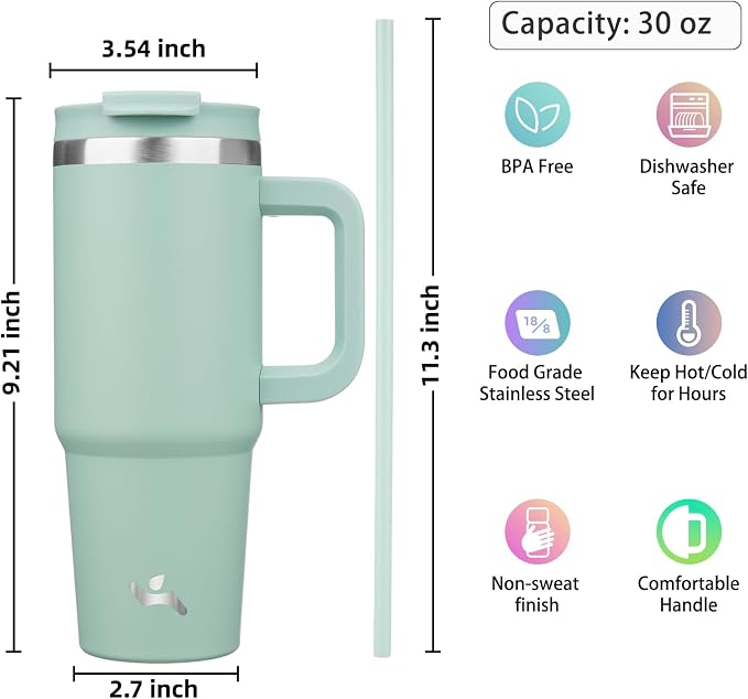 Konokyo 30 oz Tumbler with Handle and 2 Straws,2 in 1 Lid Insulated Water Bottle Stainless Steel Travel Coffee Mug,Retro Green