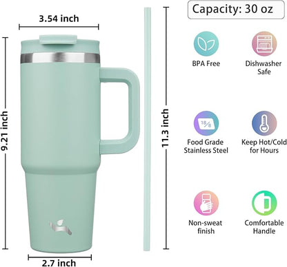 Konokyo 30 oz Tumbler with Handle and 2 Straws,2 in 1 Lid Insulated Water Bottle Stainless Steel Travel Coffee Mug,Retro Green