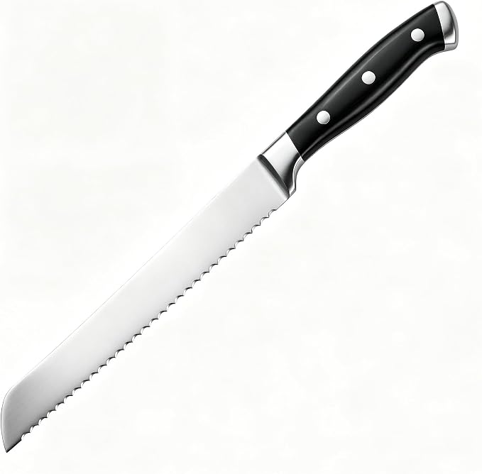 8 Inch Serrated Bread Knife, Triple Rivet Kitchen Knives with Ergonomic Handle, High Carbon Steel Wavy Edge Baking Cutting Knife for Slicing Homemade Bread, Sourdough, Bagels, Cake
