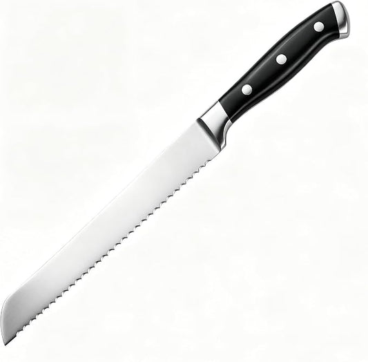 8 Inch Serrated Bread Knife, Triple Rivet Kitchen Knives with Ergonomic Handle, High Carbon Steel Wavy Edge Baking Cutting Knife for Slicing Homemade Bread, Sourdough, Bagels, Cake