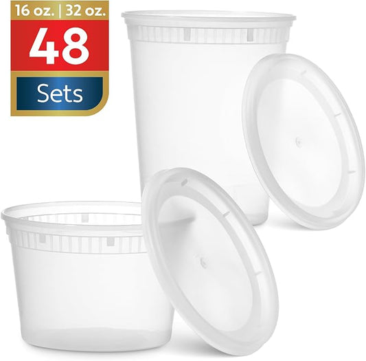 48 Pack Plastic Deli Containers with Lids (16, 32 oz 24 Each) - Food Storage Containers with Lids - Clear Disposable Meal Prep Containers, BPA Free, Stackable, Leakproof, Microwave and Freezer Safe