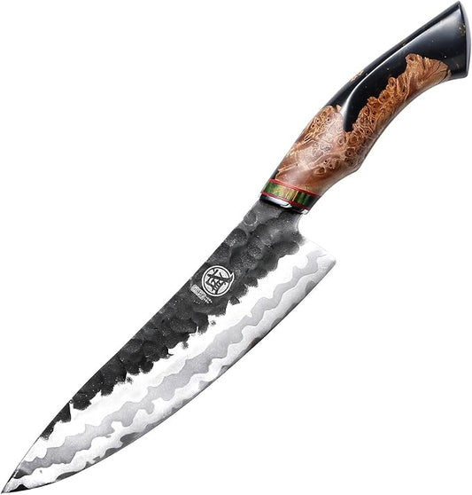 MITSUMOTO SAKARI 8-Inch Japanese Gyuto Chef Knife, 440C Damascus Steel | Precision Pull Cuts, Deep-Cryo Edge Stability, 2.2 mm Thin Blade Control, Maple Burl Handle, Sandalwood Box