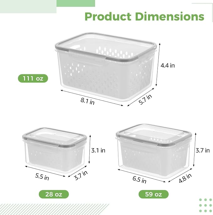 3 Pcs Fruit Storage Containers, Produce Savers with Lids for Fridge, Refrigerator Vegetable Containers with Draining Baskets, Airtight Food Keepers for Kitchen, Microwave Safe
