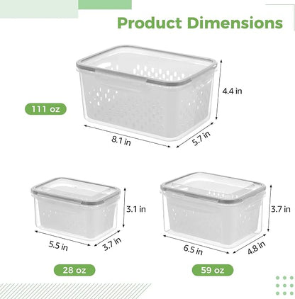 3 Pcs Fruit Storage Containers, Produce Savers with Lids for Fridge, Refrigerator Vegetable Containers with Draining Baskets, Airtight Food Keepers for Kitchen, Microwave Safe