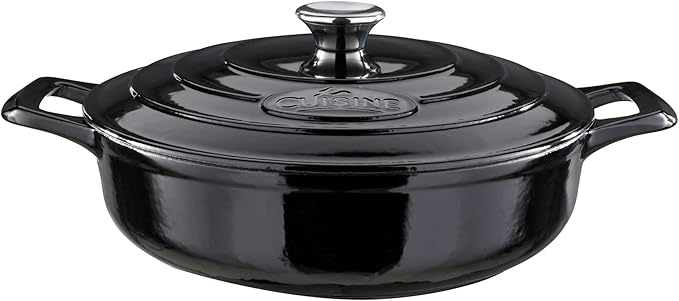 La Cuisine Enameled Cast Iron Braiser Sauté Pan Shallow Casserole with lid, 3.75 Quart 11" Dia. Matt Black Enamel Coating Interior, Glossy Black Exterior, Oven Safe, Induction Cooktop Compatible