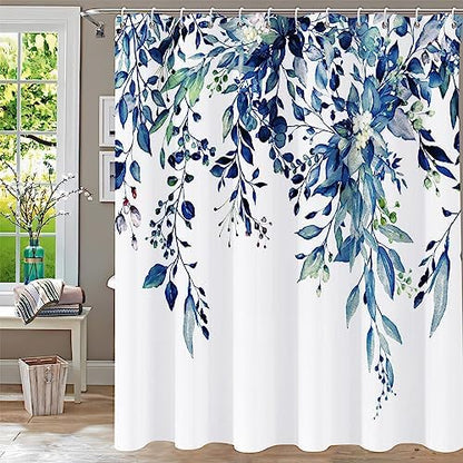 Shower Curtain Blue Eucalyptus Shower Curtains for Bathroom, Watercolor Leaf Shower Curtain Sets Waterproof Plant Shower Curtain Leaves Fabric Cloth Bathroom Curtains 72x72 inch with Hooks