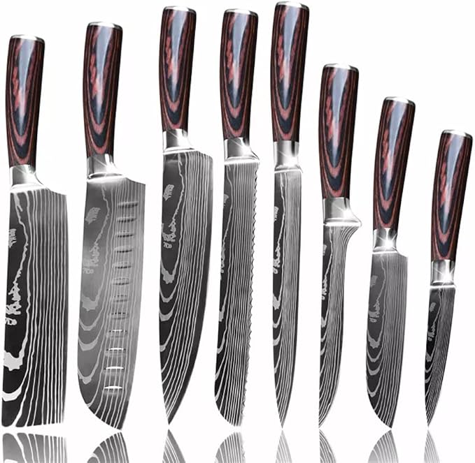 Majesty Series 8pc Damascus-Pattern Kitchen Knife Set - Ultra-Sharp Laser-Etched Pattern, Pakkawood Handles, Razor-Sharp Stainless Steel, Premium Gift Box