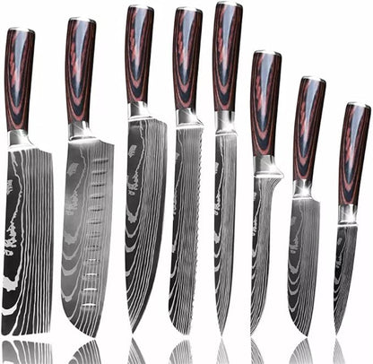 Majesty Series 8pc Damascus-Pattern Kitchen Knife Set - Ultra-Sharp Laser-Etched Pattern, Pakkawood Handles, Razor-Sharp Stainless Steel, Premium Gift Box