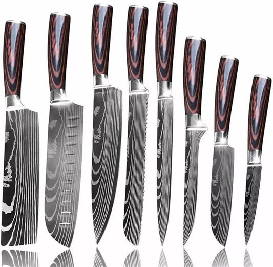 Majesty Series 8pc Damascus-Pattern Kitchen Knife Set - Ultra-Sharp Laser-Etched Pattern, Pakkawood Handles, Razor-Sharp Stainless Steel, Premium Gift Box