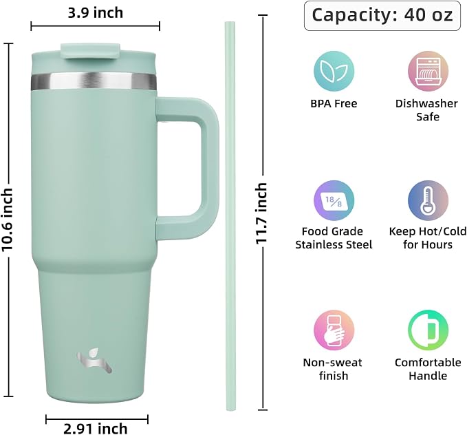 Konokyo 40 oz Tumbler with Handle and 2 Straws,2 in 1 Lid Insulated Water Bottle Stainless Steel Travel Coffee Mug,Retro Green