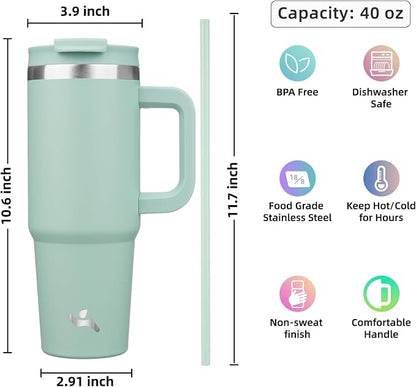 Konokyo 40 oz Tumbler with Handle and 2 Straws,2 in 1 Lid Insulated Water Bottle Stainless Steel Travel Coffee Mug,Retro Green