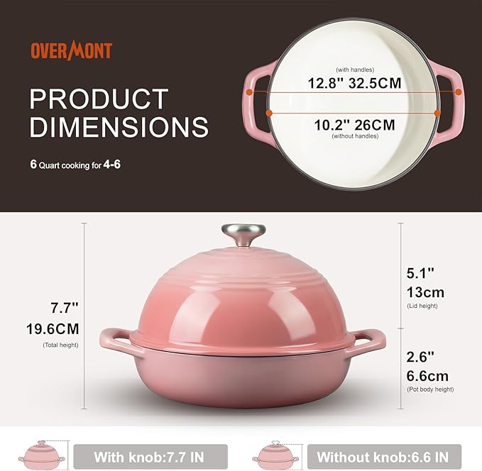 Overmont 6QT Enameled Cast Iron Bread Oven — Taller Body for Even Baking, Durable & Easy-to-Clean, Includes Dome Lid, Cotton Potholders & Cookbook, Perfect for Home Bakers & Sourdough Enthusiasts