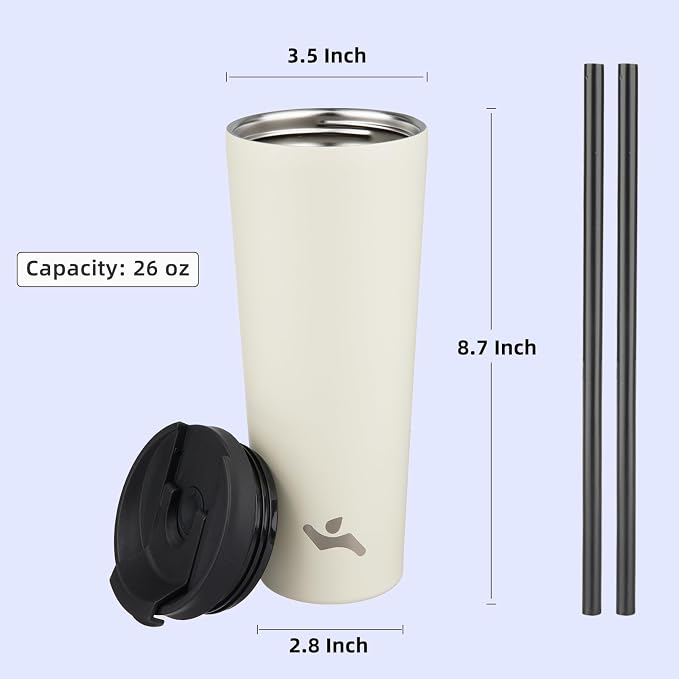 Konokyo 26 OZ Insulated Tumbler with Lid and 2 Straws Stainless Steel Water Bottle Vacuum Travel Mug Coffee Cup,Angel White