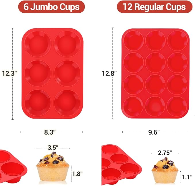 CAKETIME Silicone Muffin Pan, 2 Packs, Includes Jumbo 6 Cups and Regular 12 Cups for Baking Muffins, Cupcakes, Egg Bites, and Frittatas