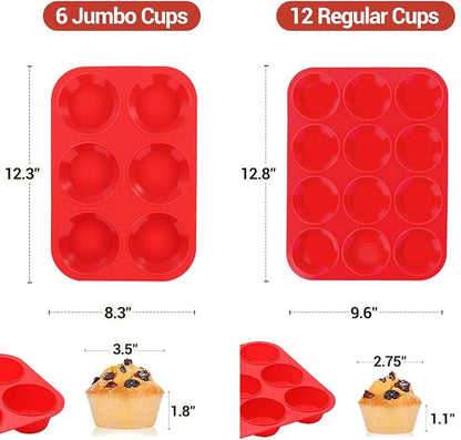 CAKETIME Silicone Muffin Pan, 2 Packs, Includes Jumbo 6 Cups and Regular 12 Cups for Baking Muffins, Cupcakes, Egg Bites, and Frittatas
