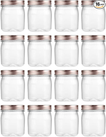 novelinks 8 oz Clear Plastic Jars with Airtight Lids, 16 Pack Plastic Mason Jars with Lids 8oz, Refillable Storage Slime Containers & Small Spice Jar for Kitchen Organization (16 Pack,Rose Gold)