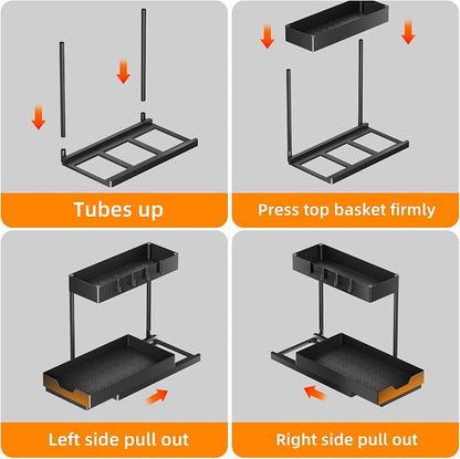 Simple Trending Under Sink Organizer 2 Pack, 2 Tier Cabinet Organizer with Sliding Basket, Multi-Purpose Sink Storage Basket with 4 Hooks for Kitchen Bathroom, Black