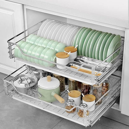 Stainless Steel Pull Out Cabinet Drawers 2-Tier Heavy Duty Slide Out Cabinet Organizer Shelf, Pull Out Bowl Basket Cabinet Organizer for Home, Kitchen, Bathroom, 69*47*14cm