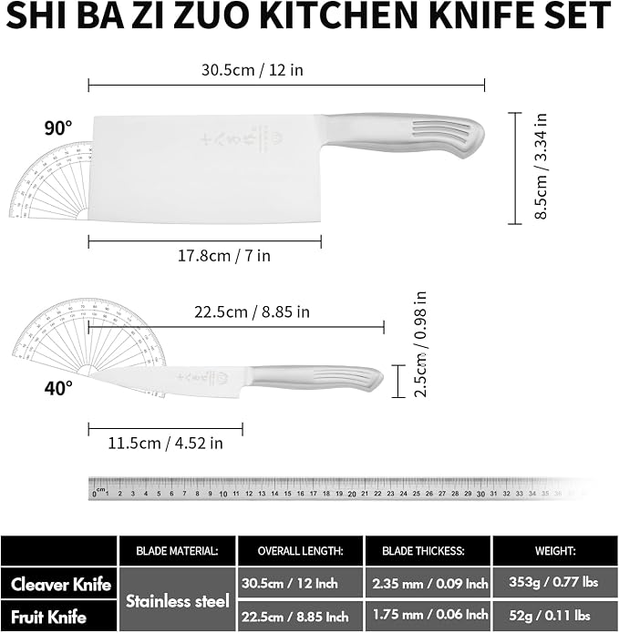 SHI BA ZI ZUO Meat Cleaver Set, 2PCS Professional Butcher Knife Fruit Knife with Stainless Steel Handle