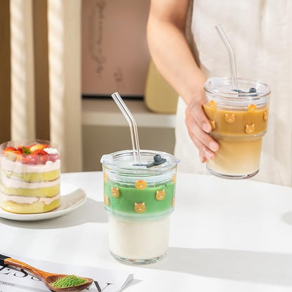Olvini 13oz Glass Tumbler with Straw and Lid, Reusable Iced Coffee Cup Tumbler, Cute Glass Cups for Water, Matcha, Travel Coffee Mugs (Cute Cat - 13oz)