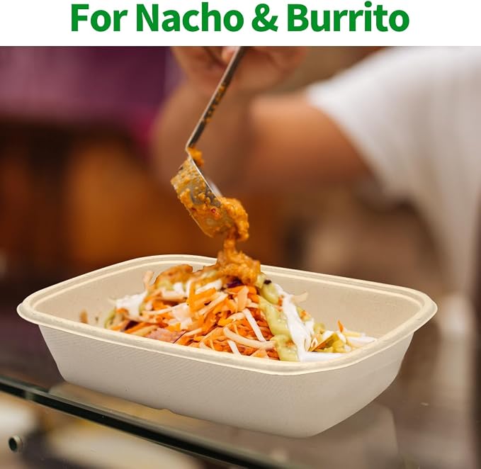 bloomoon 32 oz Large Rectangle Paper Bowls 100 Pack for Burrito | Chip-otle Style Disposable Bowls Serving Nacho, Taco Salad, Mexican Dish, Taco Nacho Bar Supplies for Party, 100 Bowls Only