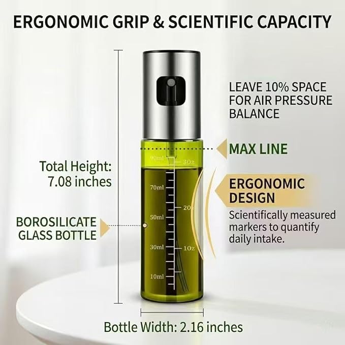 Oil Sprayer for Cooking - Olive & Avocado Oil Spray Bottle, 100ml Food Grade Glass Mister with Adjustable Nozzle for Kitchen Gadgets, Air Fryer, Salad, Frying, BBQ （1PCS）