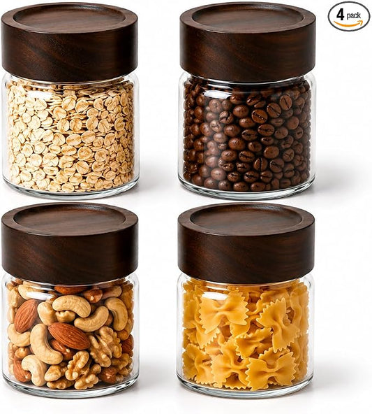 Wide Mouth Glass Storage Jars With 2.5" Acacia Wood Lids - 4 Pack of 6 Oz Food Storage Containers - Borosilicate Glass Canisters Sets For Kitchen - Pantry Organizers and Storage for Rice Coffee Beans