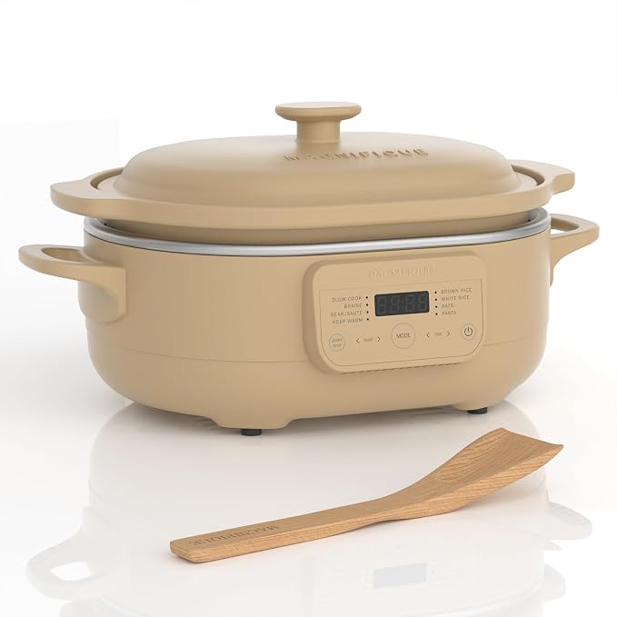 MAGNIFIQUE 4 Quart Programmable Casserole Slow Cooker, 8-in-1 Multi Cooker with Removable Non-Toxic Stoneware Crock, Claypot Slow Cooker, Rice-cooking, Nonstick, Oven Safe Pot to 450°F, Brown